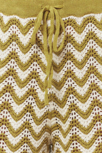 Olive and white crochet knit shorts by Flying Tomato featuring sunset stitch pattern and casual fit.