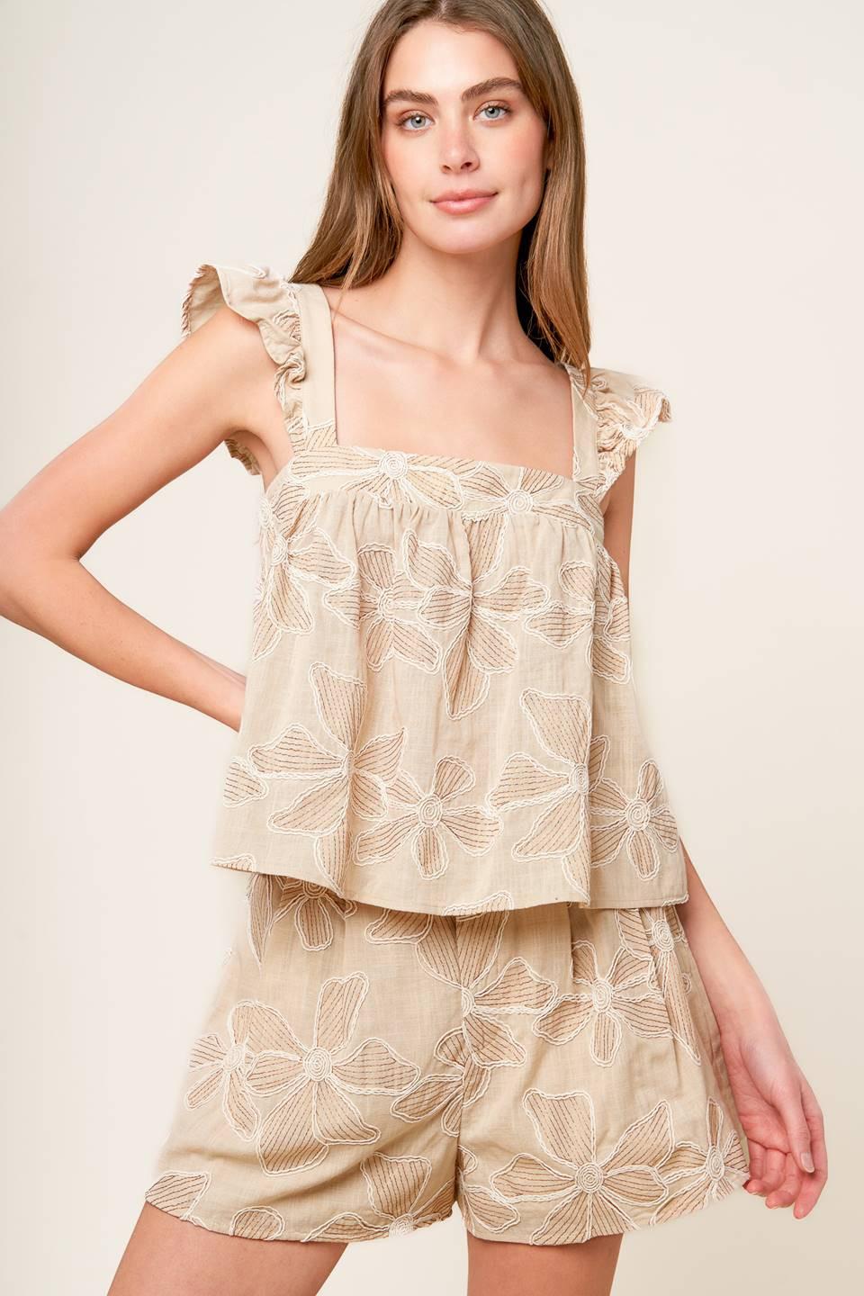 Flying Tomato Darcy Dream woven top and shorts set in taupe, featuring stylish, comfortable casual wear.