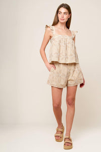 Flying Tomato Darcy Dream woven top and shorts set in taupe, featuring lightweight fabric and casual summer style.