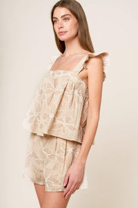 Flying Tomato Darcy Dream woven top and shorts set in taupe, featuring a stylish matching ensemble for casual wear.