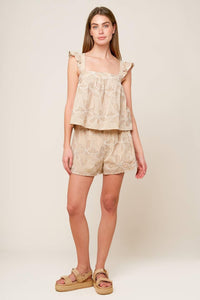 Flying Tomato Darcy Dream woven top and shorts set in taupe, featuring a stylish, comfortable design for casual wear.