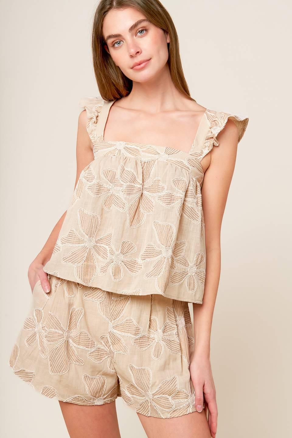 Flying Tomato Darcy Dream woven top and shorts set in taupe, featuring lightweight fabric and casual style.