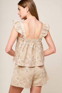 Flying Tomato Darcy Dream woven top and shorts set in taupe, featuring lightweight fabric and casual summer style.