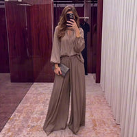 Gathered Neck Self-Tie Satin-Finish Top & Wide-Leg Trouser Set(MS465)