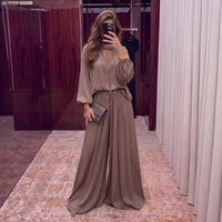 Gathered Neck Self-Tie Satin-Finish Top & Wide-Leg Trouser Set(MS465)