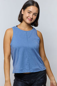 Goal Five boxy crop tank top in black, featuring a relaxed fit and wide straps, shown on a mannequin.