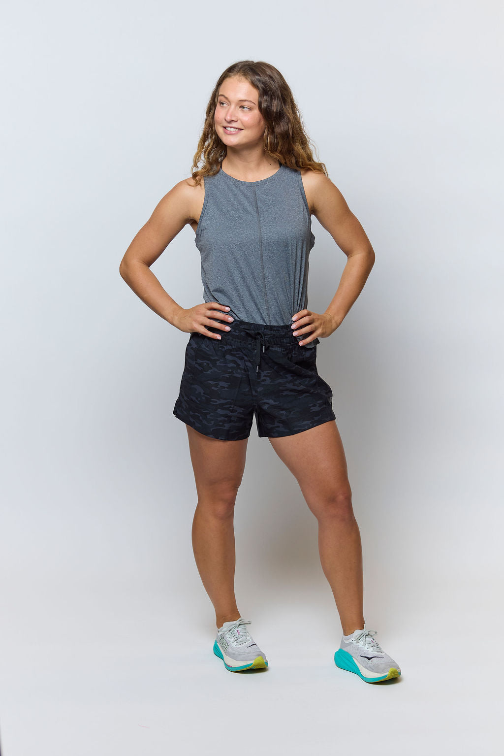 Goal Five boxy crop tank top displayed on a model, featuring a relaxed fit and stylish cropped design.