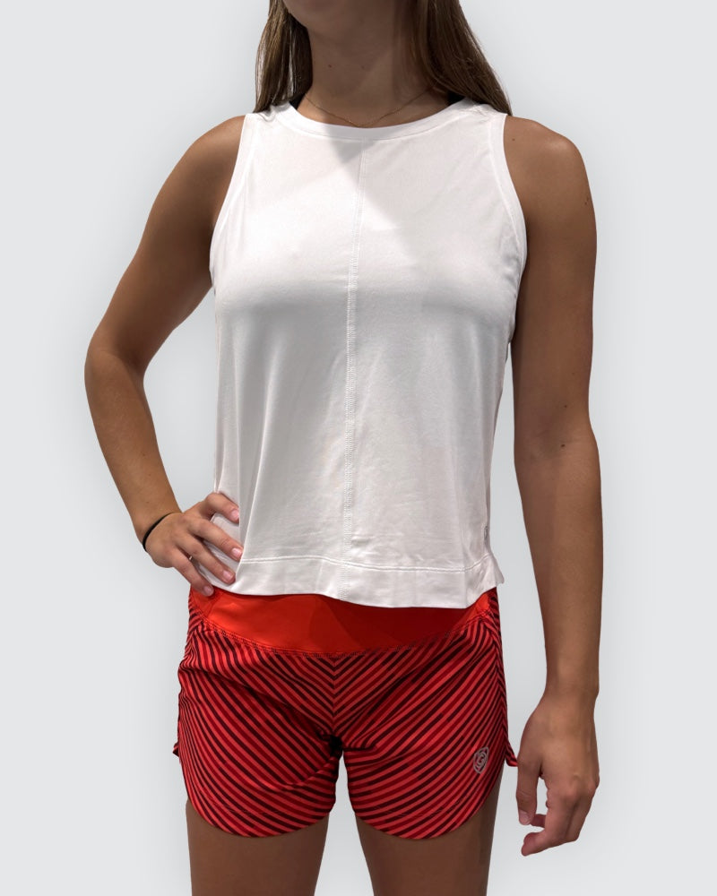 White Goal Five boxy crop tank top with a relaxed fit, shown on a plain background.
