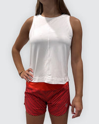 White Goal Five boxy crop tank top with a relaxed fit, shown on a plain background.