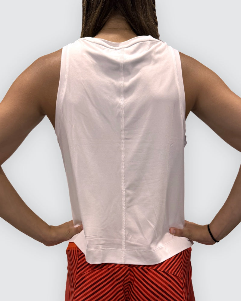 Goal Five white boxy crop tank back view, sleeveless top with relaxed fit and cropped length for casual wear.