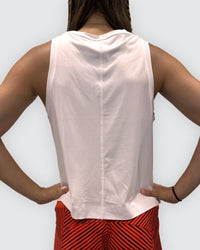 Goal Five white boxy crop tank back view, sleeveless top with relaxed fit and cropped length for casual wear.