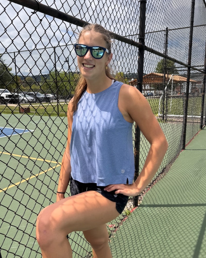 Goal Five coastal boxy crop tank top, lightweight sleeveless shirt with a relaxed fit and casual style.
