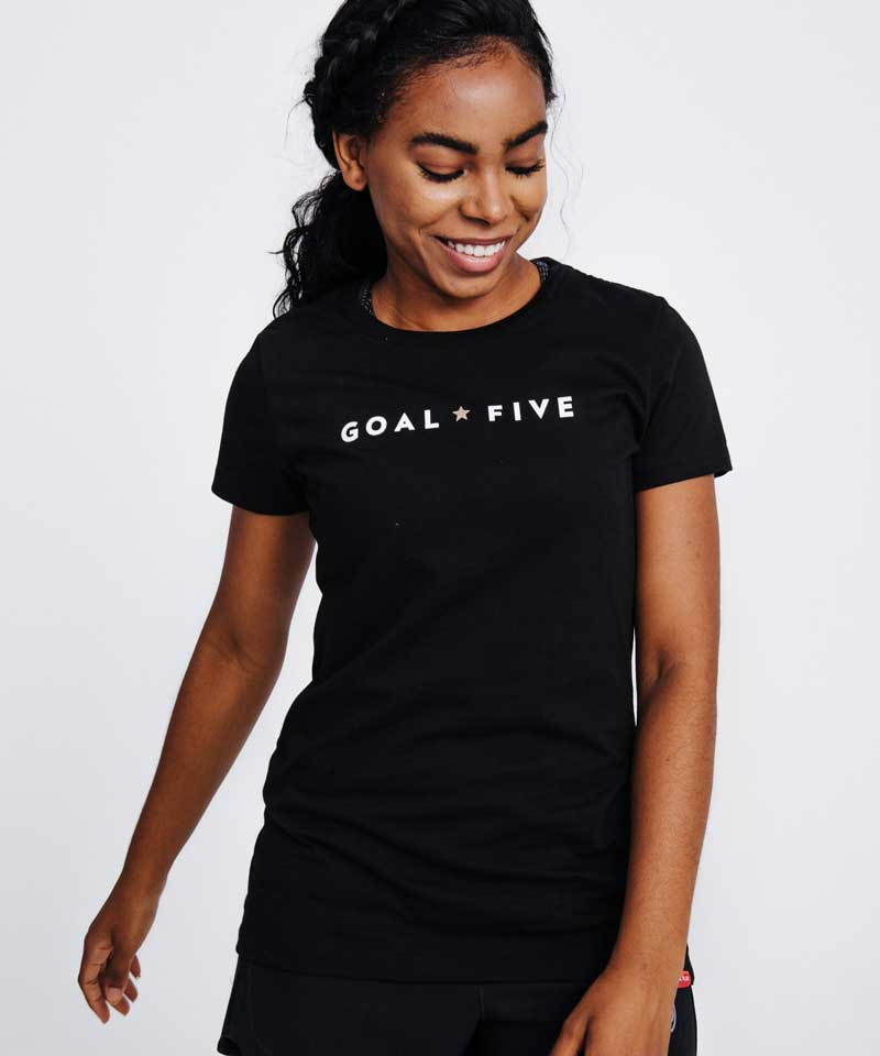 Black Goal Five women's athletic T-shirt, lifestyle wear, soft fabric, fitted style, ideal for workout and casual activities.