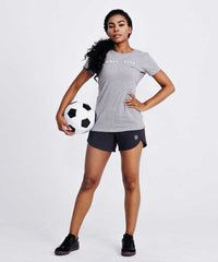 Goal Five women's athletic lifestyle T-shirt in heather grey, featuring a comfortable fit and casual design.