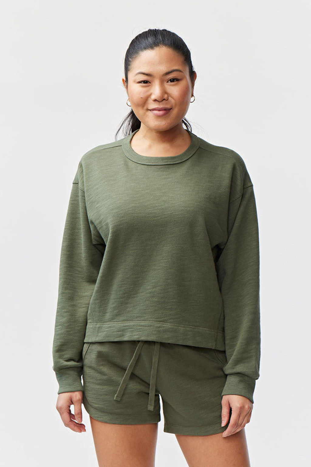 Goal Five Freasy Crew lifestyle outerwear in dark moss color, featuring a cozy, casual fit and stylish design.