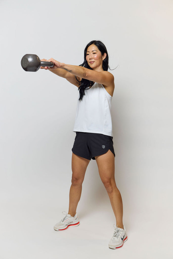 Black Excel Women's Workout Shorts by Goal Five, training shorts with a comfortable fit and athletic style.