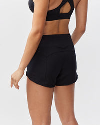 Black Excel women's workout shorts by Goal Five, designed for training with a comfortable fit and athletic style.
