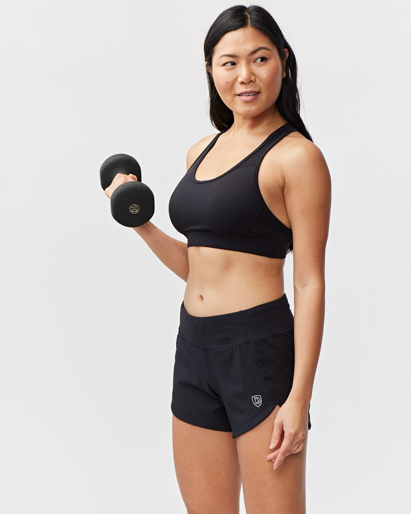Black Excel women's workout shorts by Goal Five, training shorts with a comfortable fit and athletic design.