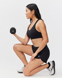 Black Excel Women's Workout Shorts by Goal Five, training shorts with a comfortable fit, designed for active women.