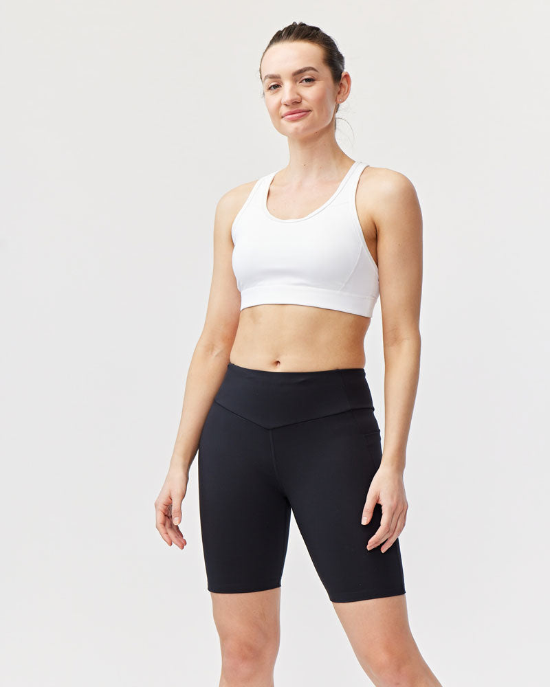 Black Goal Five Go Again Bike Short 8-inch training shorts with a snug fit and athletic design for active workouts.