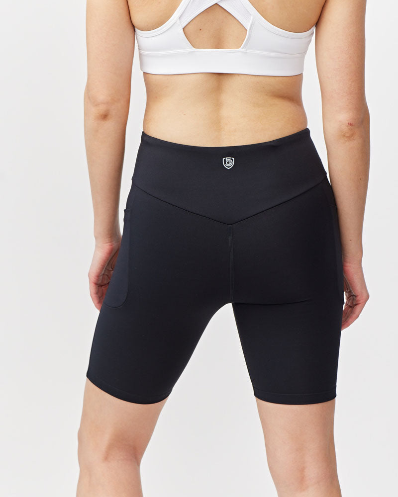Black Goal Five Go Again Bike Short 8-inch training shorts with a fitted design and elastic waistband.