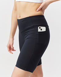 Black Goal Five Go Again Bike Short 8-inch training shorts with a fitted design and elastic waistband for athletic comfort.