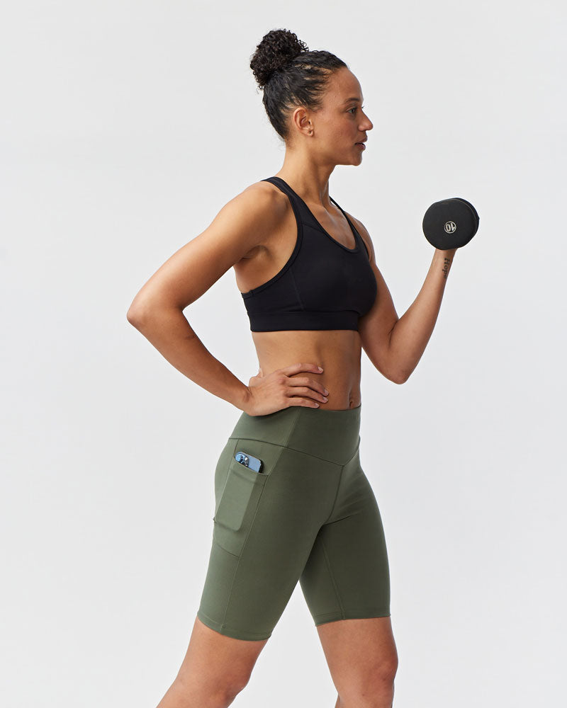 Goal Five Go Again Bike Short 8" in dark moss, lightweight training shorts with a comfortable fit for cycling and workout activities.