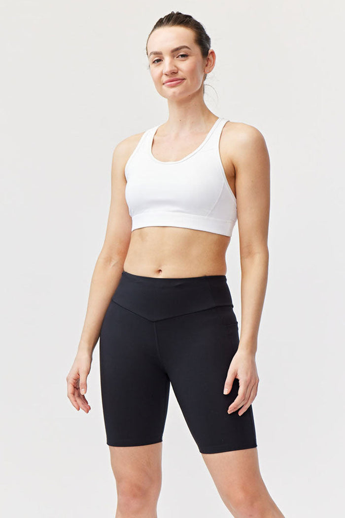 Black Goal Five Go Again Bike Short 8" training shorts with a fitted design, perfect for cycling and athletic activities.