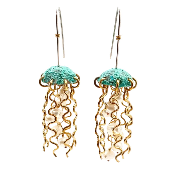 Green Copper Jellyfish Earrings with White Pearls and Hypoallergenic Niobium Earwires