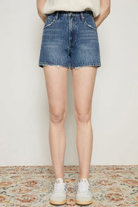 Hey Joanie Boyish Vintage High Rise Shorts in light wash denim, featuring a high waist and classic short length.