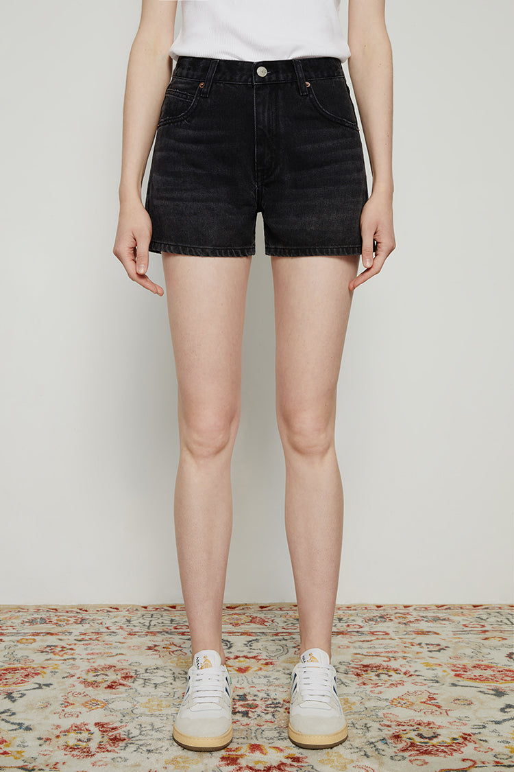 Hey Joanie Boyish Vintage High Rise Shorts in Midnight Hour color, showing front view with high waist and distressed denim details.