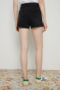 Hey Joanie Boyish Vintage High Rise Shorts in midnight hour denim, front view showing classic high waist and distressed details.