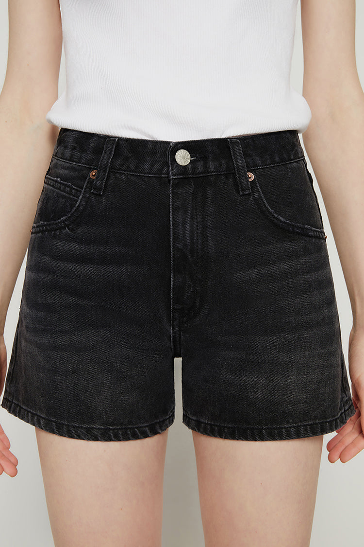 Hey Joanie Boyish Vintage High Rise Shorts in midnight hour color, showing the classic fit and high waist design.