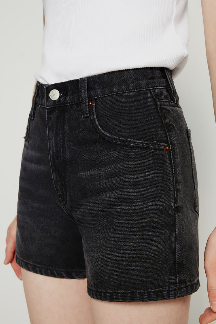 Hey Joanie Boyish Vintage High Rise Shorts in dark denim, featuring a high waist and classic cut.