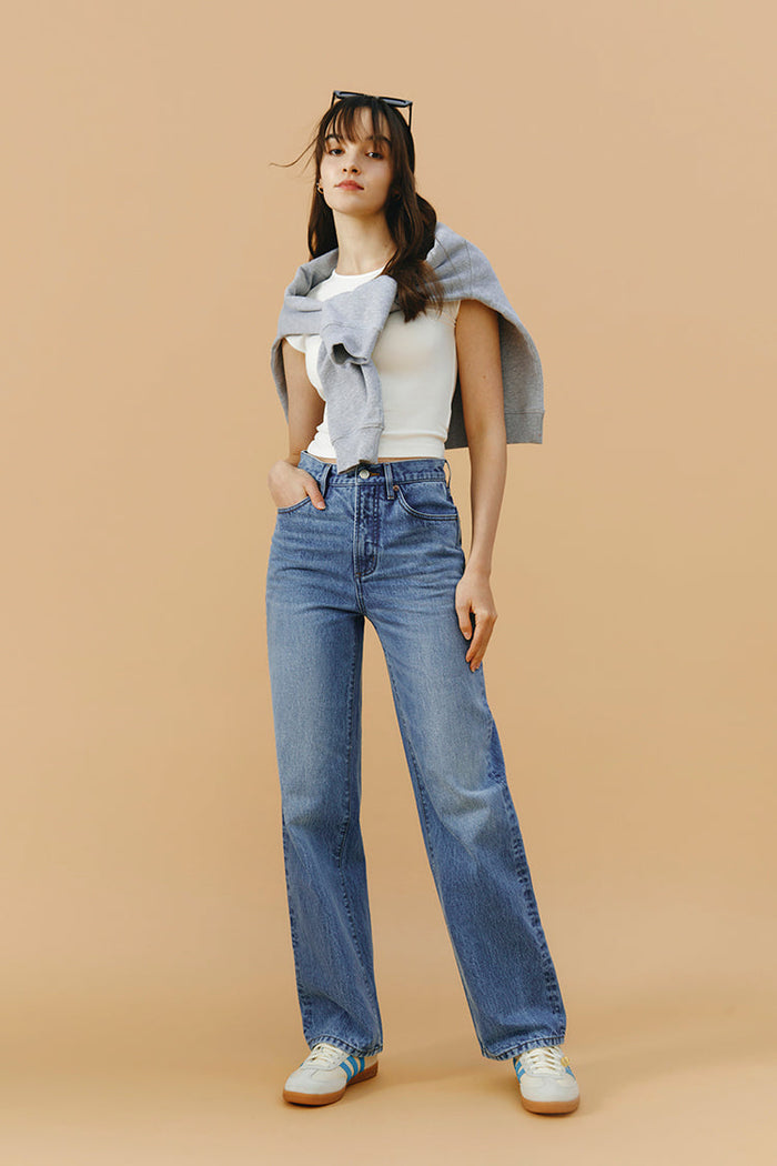 Hey Joanie Brooklyn High Rise Jeans HJ001 featuring classic denim, high waist, and relaxed fit, displayed on a model.