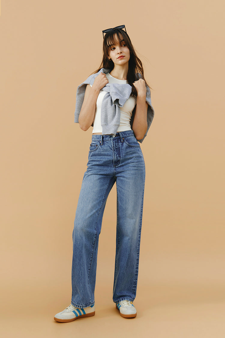 Hey Joanie Brooklyn High Rise Jeans HJ001 displayed on a model, showcasing fitted style and classic denim wash.