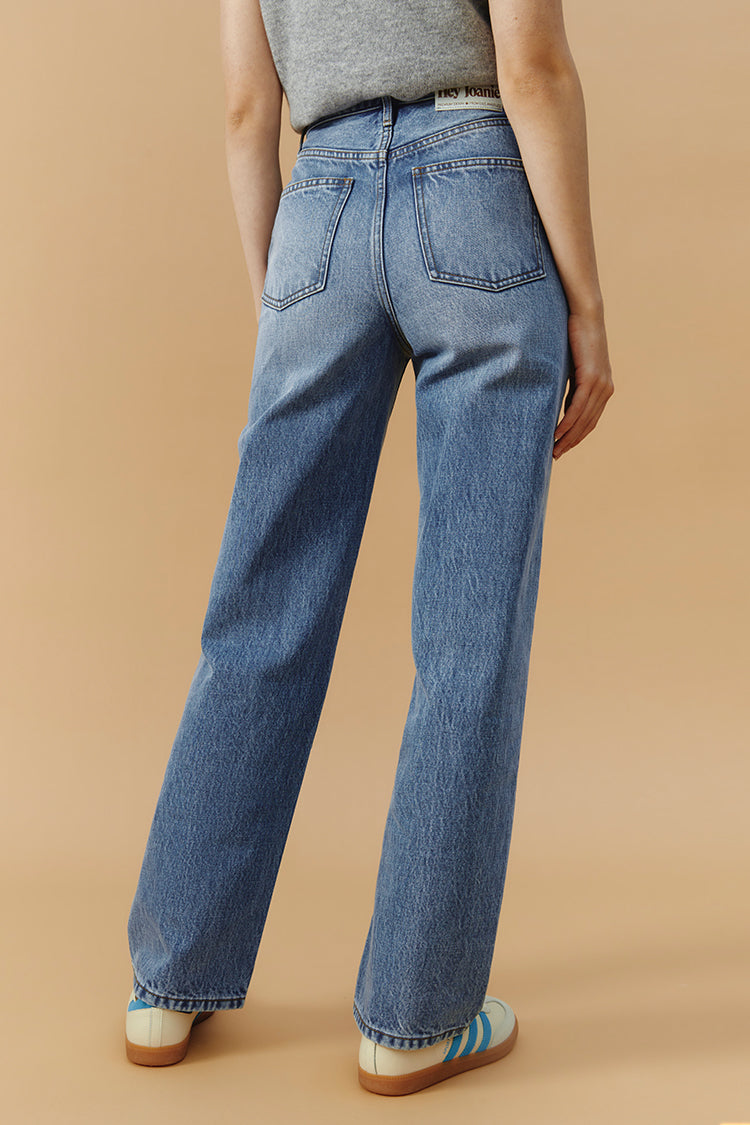 Hey Joanie Brooklyn High Rise Jeans HJ001, front view showcasing classic blue denim with high waist and relaxed fit.