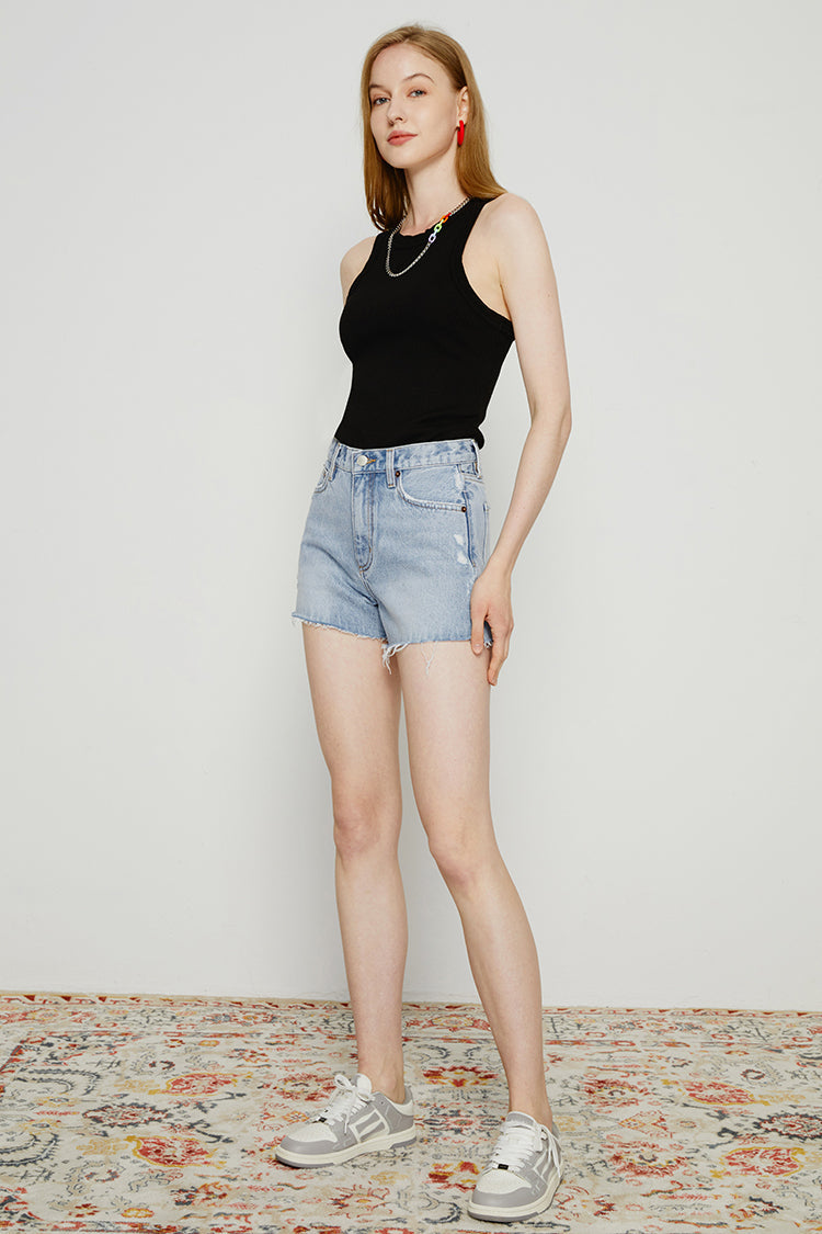 High rise denim shorts by Hey Joanie, featuring classic blue wash and distressed details, casual summer style.