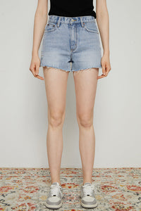 Light blue high-rise denim shorts from Hey Joanie, style HJ167, with classic five-pocket design and frayed hem.