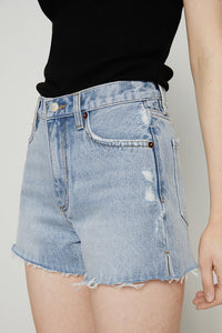 Light blue high-rise denim shorts from Hey Joanie, featuring a relaxed fit and classic five-pocket design.