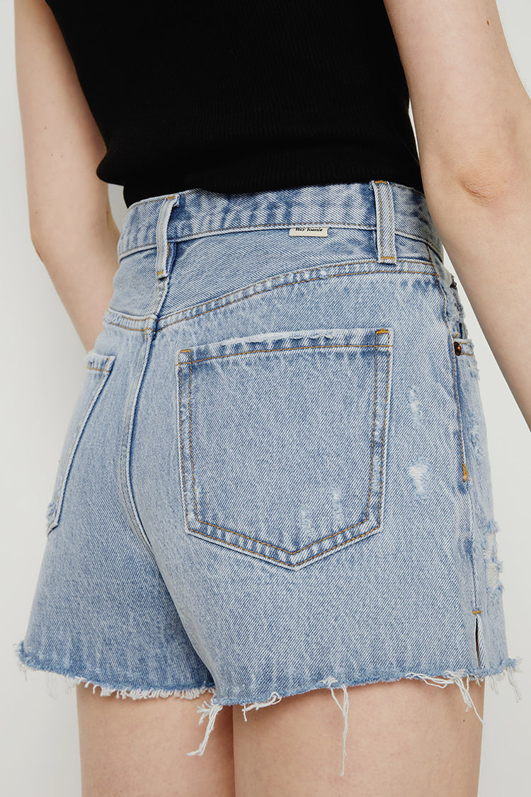 High rise denim shorts by Hey Joanie, with a light wash, frayed hem, and classic five-pocket style, perfect for casual summer wear.