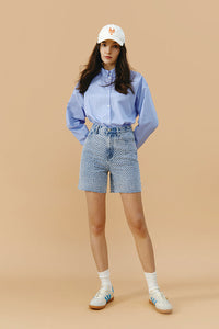 Hey Joanie Venice Tweed High Rise Shorts, stylish women's shorts with a textured tweed fabric and high waist design.