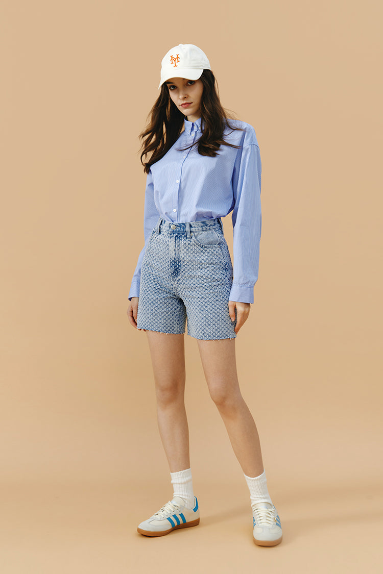 Hey Joanie Venice Tweed High Rise Shorts, stylish beige shorts with a tailored fit, featuring a high waist and textured tweed fabric.
