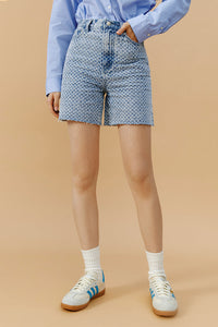 Hey Joanie Venice Tweed High Rise Shorts, stylish beige shorts with a high waist and tailored fit, perfect for warm weather.