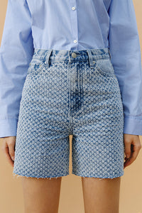 Hey Joanie Venice Tweed High Rise Shorts in a stylish tweed fabric, featuring a high waist and tailored fit for a chic look.