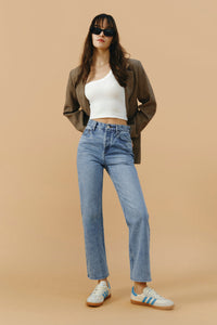 Hey Joanie Manhattan High Rise Straight Ankle Jeans, showcasing the classic fit and denim fabric from the front view.