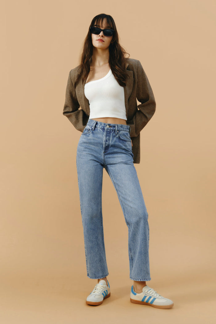 Hey Joanie Manhattan High Rise Straight Ankle Jeans, showcasing the classic fit and denim fabric from the front view.
