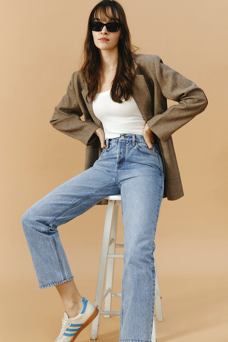 Hey Joanie Manhattan High Rise Straight Ankle Jeans, denim pants with a high waist and straight-leg fit, shown on a model.