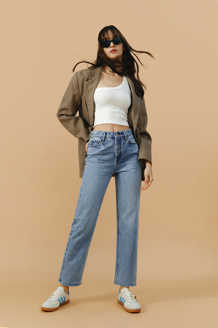 Hey Joanie Manhattan High Rise Straight Ankle Jeans, front view showing classic denim fit and high-rise waistband.