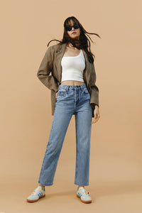 Hey Joanie Manhattan High Rise Straight Ankle Jeans, front view showing classic denim fit and high-rise waistband.